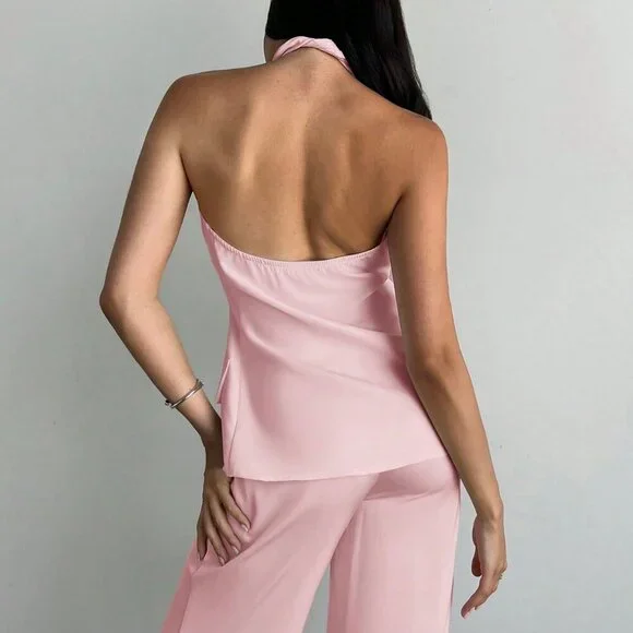 Pink Elegant Women's Sexy Backless Halter Top - Picture 2 of 6